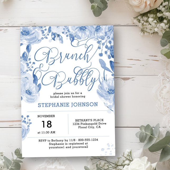 Brunch & Bubbly Dusty Blue Floral Bridal Shower Invitation (Brunch & Bubbly Invitation from my Dusty Blue Watercolor Floral Bridal Shower)