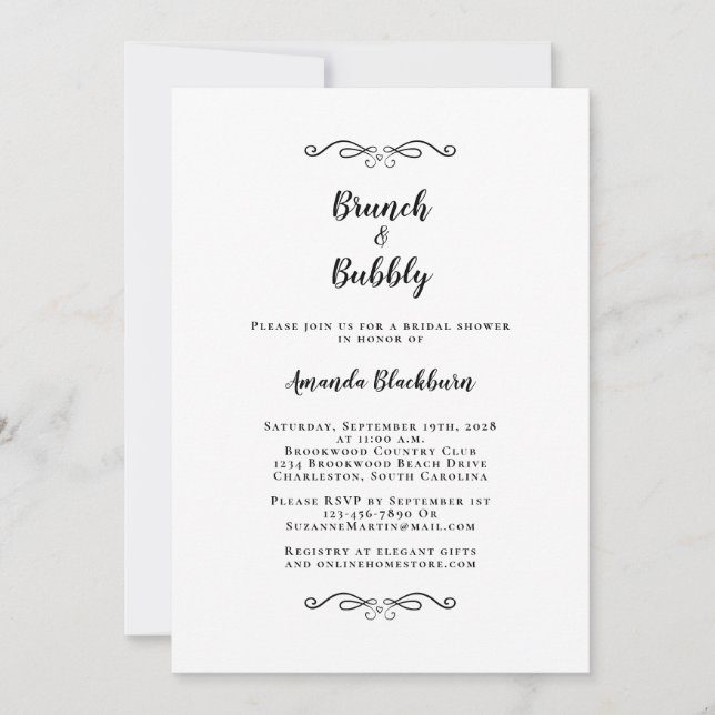 Brunch & Bubbly Elegant Black White Bridal Shower Invitation (Front)