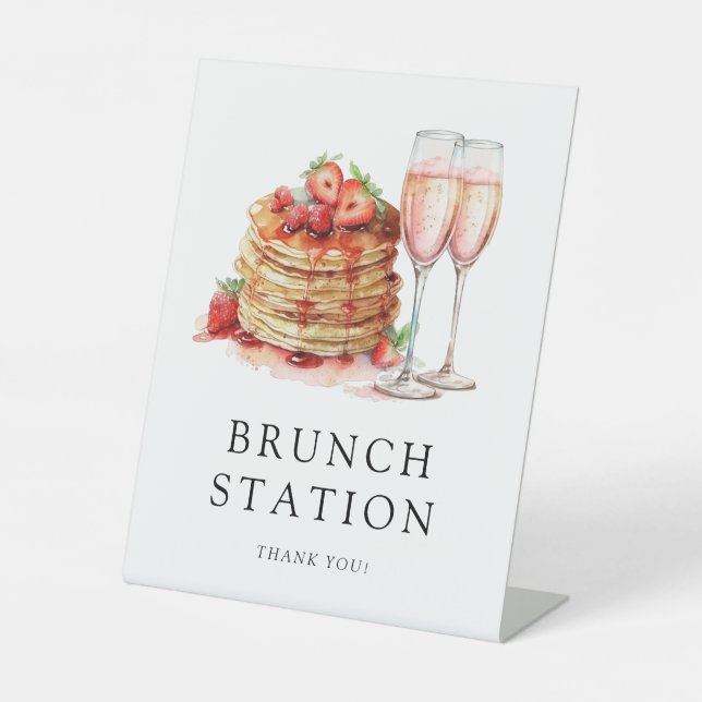 Brunch & Bubbly Elegant Pancake Pink Bridal Shower Pedestal Sign (Front)