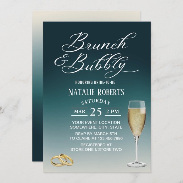 Brunch & Bubbly Elegant Teal Ombre Bridal Shower Invitation (Front/Back)
