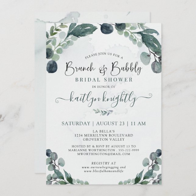 Brunch & Bubbly Eucalyptus Bridal Shower Invitatio Invitation (Front/Back)