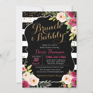 Brunch & Bubbly Floral Black White Pink Shower Invitation
