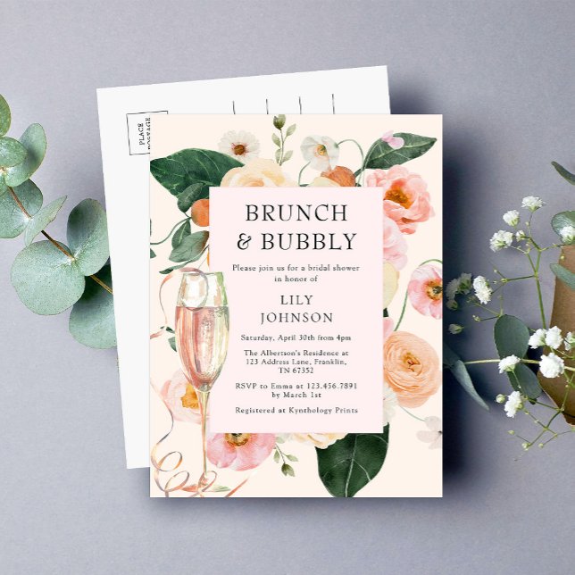 Brunch & Bubbly Floral Bridal Shower Invitation Postcard (Creator Uploaded)