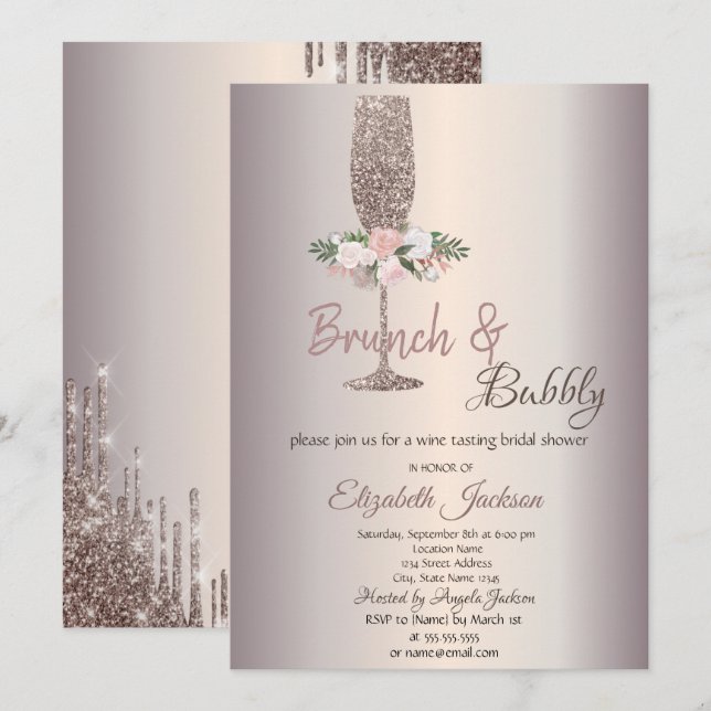  Brunch & Bubbly Flowers Rose Gold Bridal Shower  Invitation (Front/Back)