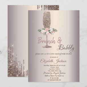 Brunch & Bubbly Flowers Rose Gold Bridal Shower Invitation