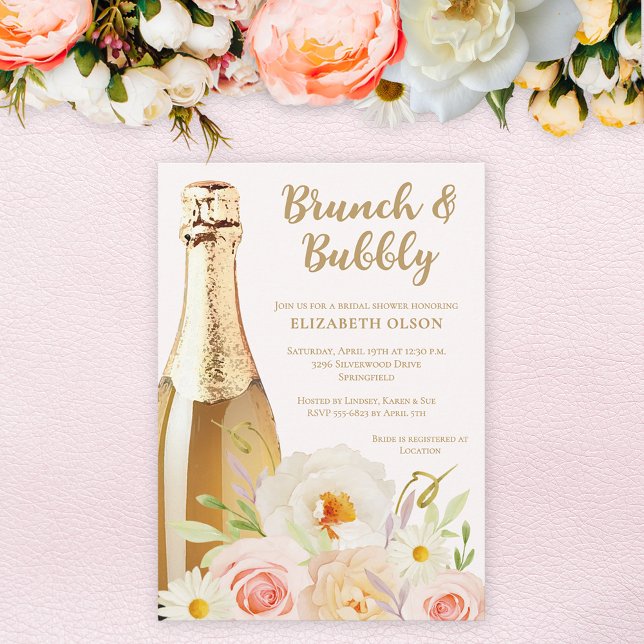 Brunch & Bubbly Garden Floral Bridal Shower Invitation (Brunch & Bubbly blush garden flowers bridal shower invitations, INSTANT DOWNLOAD and/or PRINTED)