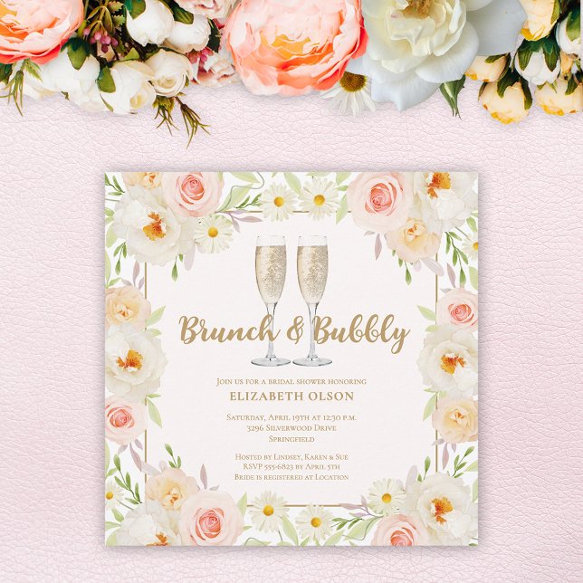 Brunch & Bubbly Garden Floral Bridal Shower Invitation (Brunch & Bubbly  garden flowers bridal shower square invitations, INSTANT DOWNLOAD and/or PRINTED)