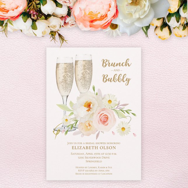 Brunch & Bubbly Garden Floral Bridal Shower Invitation (Brunch & Bubbly blush garden flowers bridal shower invitations, INSTANT DOWNLOAD and/or PRINTED)