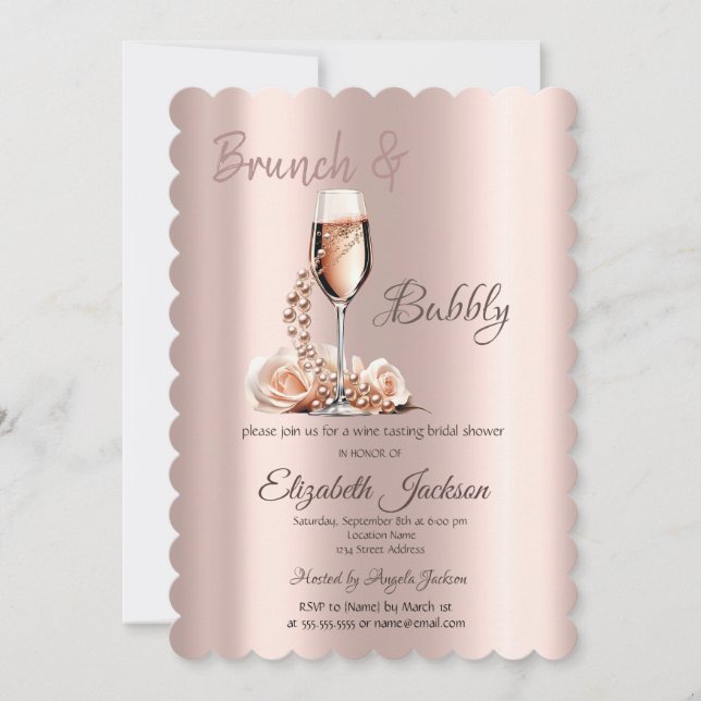 Brunch & Bubbly Glass Pearls Rose Bridal Shower  Invitation (Front)