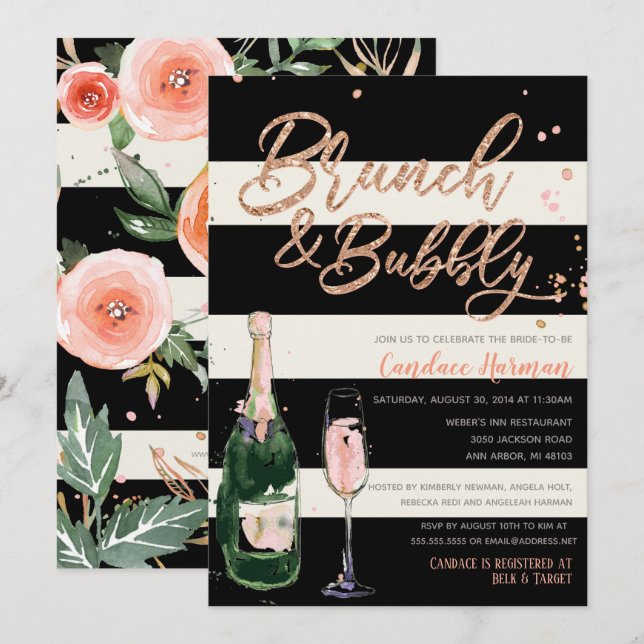 Brunch & Bubbly Glitter Black Stripe Bridal Shower Invitation (Front/Back)