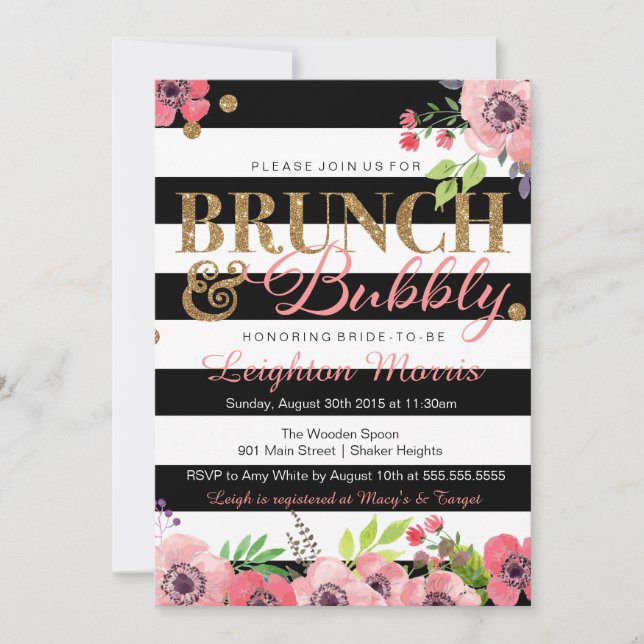 Brunch & Bubbly Glitter Black White Bridal Shower Invitation (Front)
