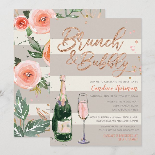 Brunch & Bubbly Glitter Rose Gold Bridal Shower Invitation (Front/Back)