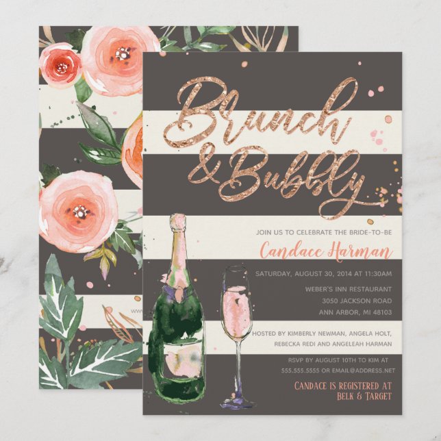 Brunch & Bubbly Glitter Rose Grey Bridal Shower Invitation (Front/Back)