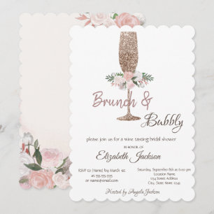 Brunch & Bubbly Glitter Wine Glass Bridal Shower   Invitation