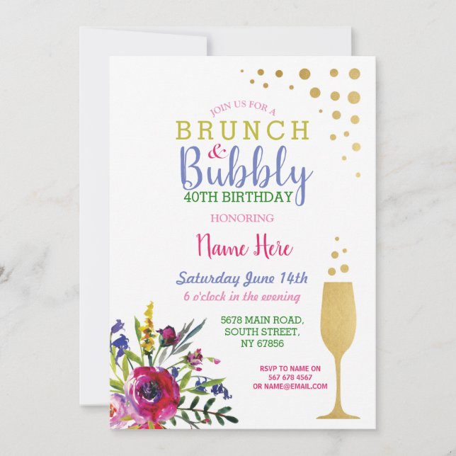 Brunch & Bubbly Gold Birthday Floral Invite (Front)