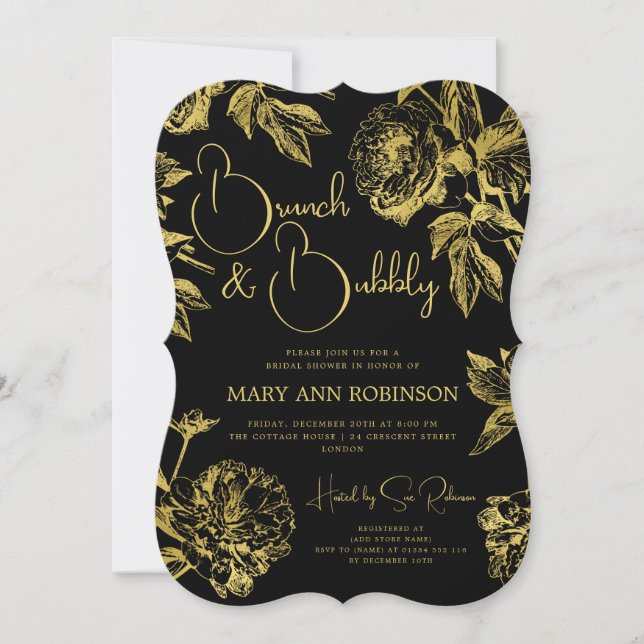 BRUNCH & BUBBLY Gold Floral Bridal Shower Black  Invitation (Front)