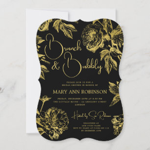 BRUNCH & BUBBLY Gold Floral Bridal Shower Black  Invitation