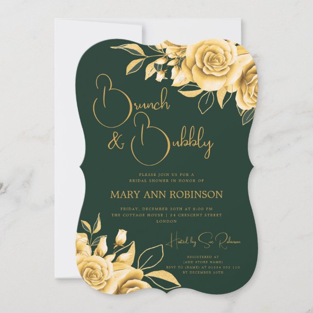 BRUNCH & BUBBLY Gold Floral Bridal Shower Emerald  Invitation (Front)
