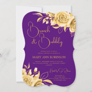 BRUNCH & BUBBLY Gold Floral Bridal Shower Purple  Invitation