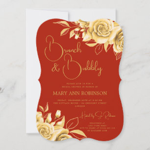BRUNCH & BUBBLY Gold Floral Bridal Shower Red  Invitation