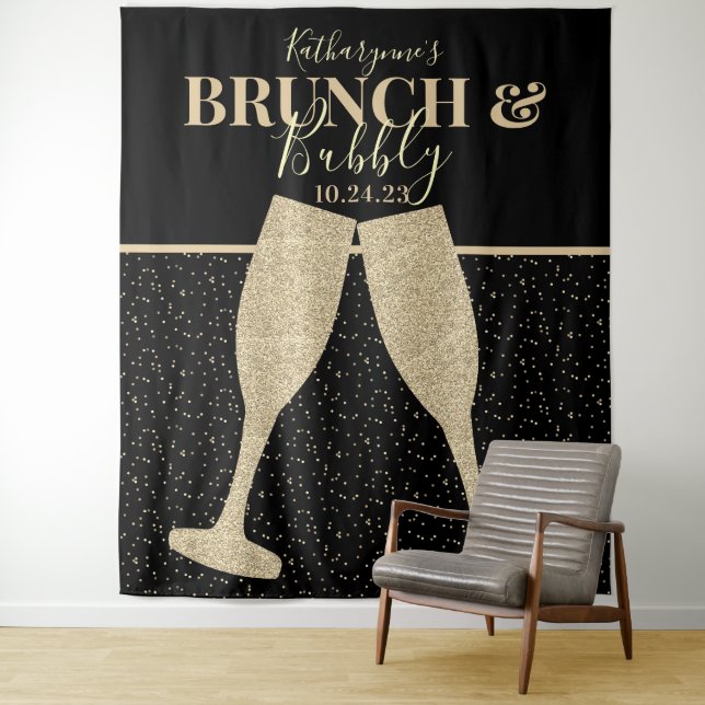 Brunch Bubbly Gold Glitter Champagne Backdrop Tapestry (In Situ)
