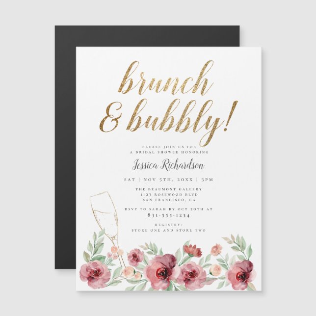 Brunch & Bubbly Gold Script Floral Bridal Shower Magnetic Invitation (Front/Back)