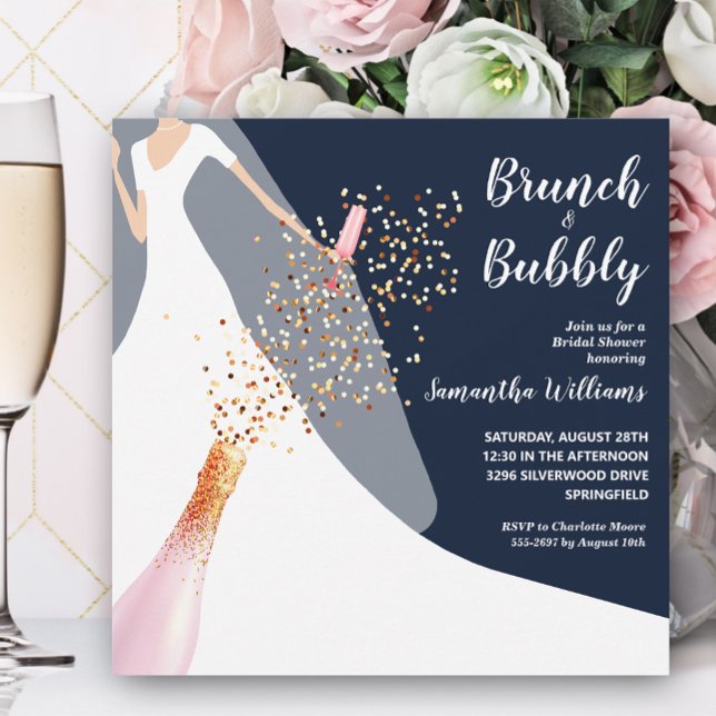 Brunch Bubbly Gown on Navy Bridal Shower Invitation (Creator Uploaded)