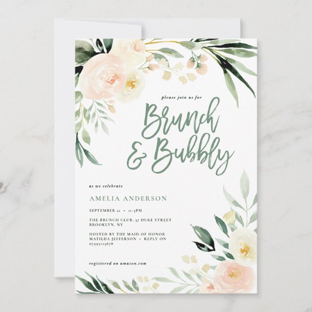Brunch & bubbly green and peach watercolor floral (Front)