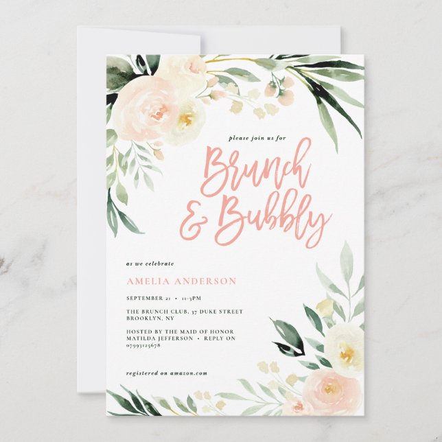 Brunch & bubbly green and peach watercolor floral (Front)