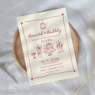 Brunch & Bubbly Hand Drawn Red Bridal Shower  Invitation