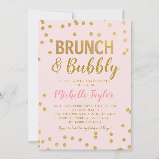 Brunch & Bubbly Invitation | Pink & Gold (Front)