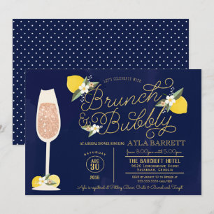 Brunch & Bubbly Lemon & Navy Blue Bridal Shower Invitation