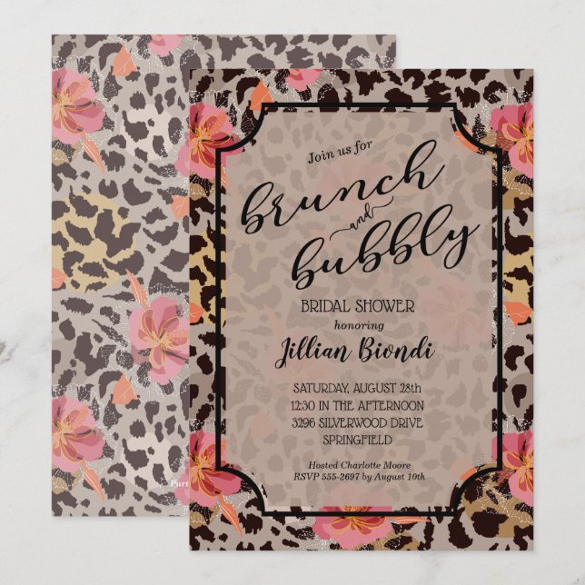 Brunch Bubbly Leopard Bridal Shower Invitations (Front/Back)