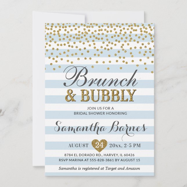 Brunch Bubbly Light Blue Gold Chic Bridal Shower Invitation (Front)
