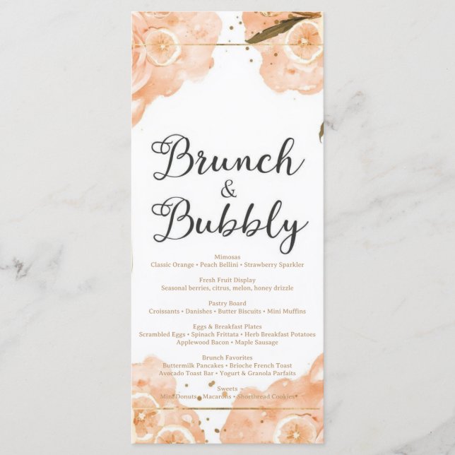 Brunch & Bubbly Menu Card – Peach Watercolor (Front)