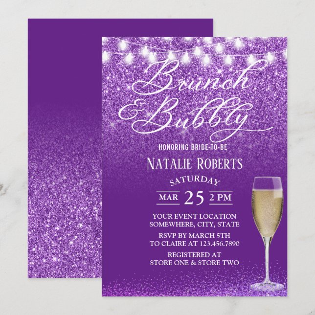 Brunch & Bubbly Modern Purple Bridal Shower Invitation (Front/Back)