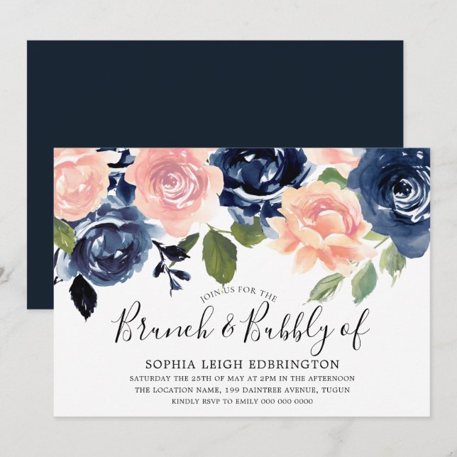Brunch & Bubbly Navy & Blush Bridal Shower Invitation (Front/Back)