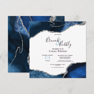 Brunch Bubbly Navy Silver Glitter Agate Shower Invitation