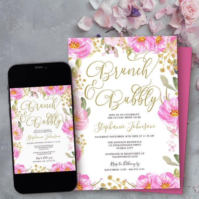 Brunch & Bubbly Pink and Gold Floral Bridal Shower Invitation (Brunch & Bubbly bridal shower invitation from my Pink and Gold Watercolor Floral Collection)