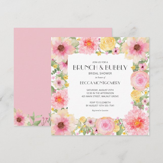 Brunch Bubbly Pink Floral Bridal Shower Invitation (Front/Back)