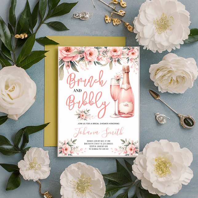 Brunch & Bubbly Pink Floral Bridal Shower  Invitation (Creator Uploaded)
