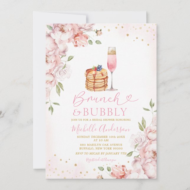 Brunch & Bubbly Pink Floral Wine Bridal Shower Invitation (Front)