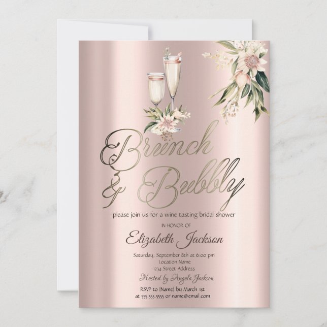 Brunch & Bubbly Pink Flowers Wine Bridal Shower  Invitation (Front)