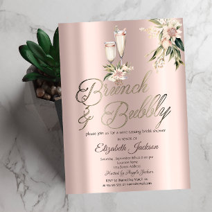 Brunch & Bubbly Pink Flowers Wine Bridal Shower Invitation