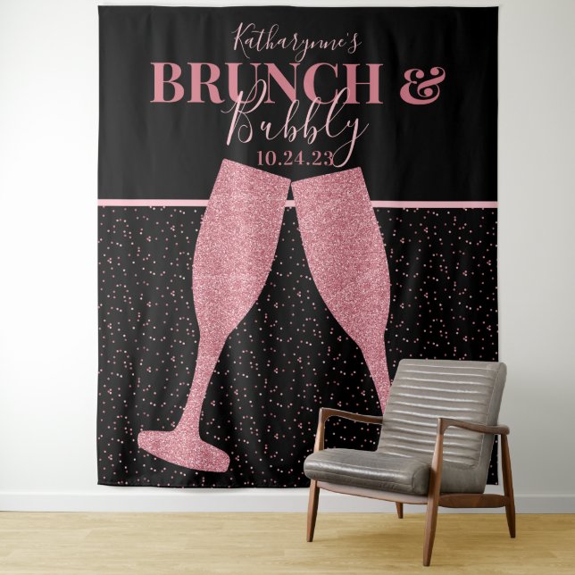 Brunch Bubbly Pink Glitter Champagne Backdrop Tapestry (In Situ)