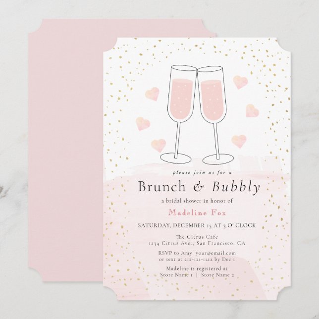 Brunch & Bubbly Pink Gold Champagne Bridal Shower Invitation (Front/Back)