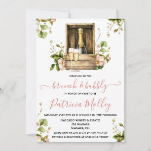 Brunch & Bubbly, Pink & Green Roses, Bridal Shower Invitation