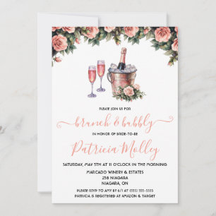 Brunch & Bubbly, Pink & Green Roses, Bridal Shower Invitation