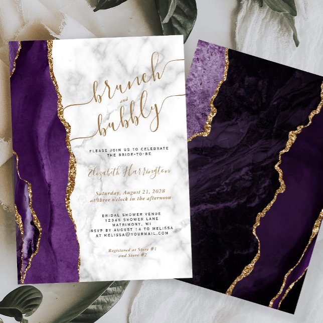 Brunch & Bubbly Purple Gold Agate Bridal Shower Invitation (Creator Uploaded)