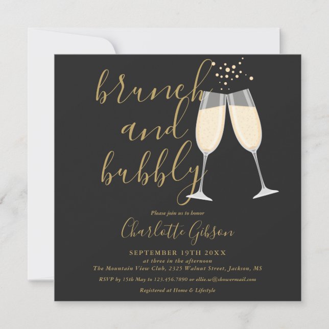 Brunch Bubbly QR Code Black And Gold Bridal Shower Invitation (Front)
